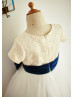 Short Sleeves Champagne Lace Ivory Tulle Knee Length Flower Girl Dress 